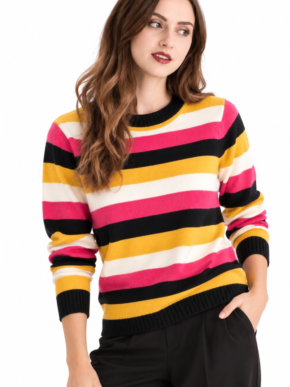 Sweet Rain Striped Crewneck Sweater in Pink, Yellow, Black & Cream